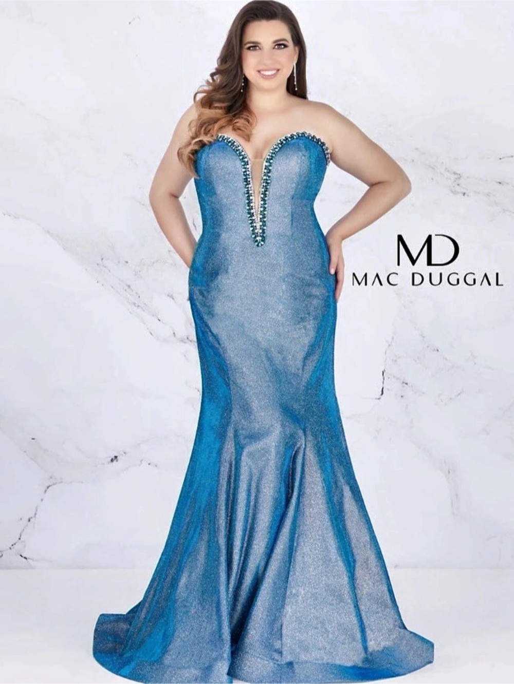 Mac Duggal Beaded Mermaid Maxi Dress in Blue Size 14W